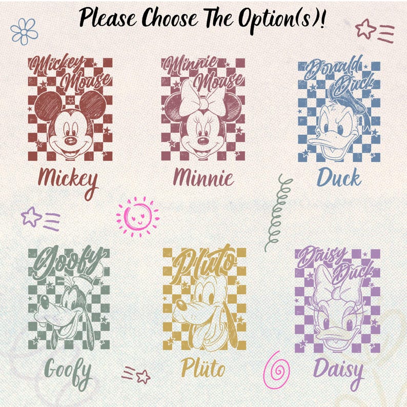 May include: Six colorful Disney character designs on a white background. Each design features a character's face, name, and a checkered pattern. Characters include Mickey Mouse, Minnie Mouse, Donald Duck, Goofy, Pluto, and Daisy Duck. Text at the top reads "Please Choose The Option(s)!"