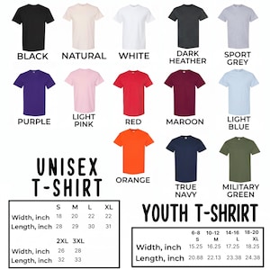 Puede incluir: Una variedad de camisetas unisex y juveniles en varios colores, incluyendo negro, blanco y rojo. La imagen muestra las camisetas con informaci&oacute;n de tallas y medidas en pulgadas. El texto en la imagen dice "UNISEX T-SHIRT" y "YOUTH T-SHIRT".