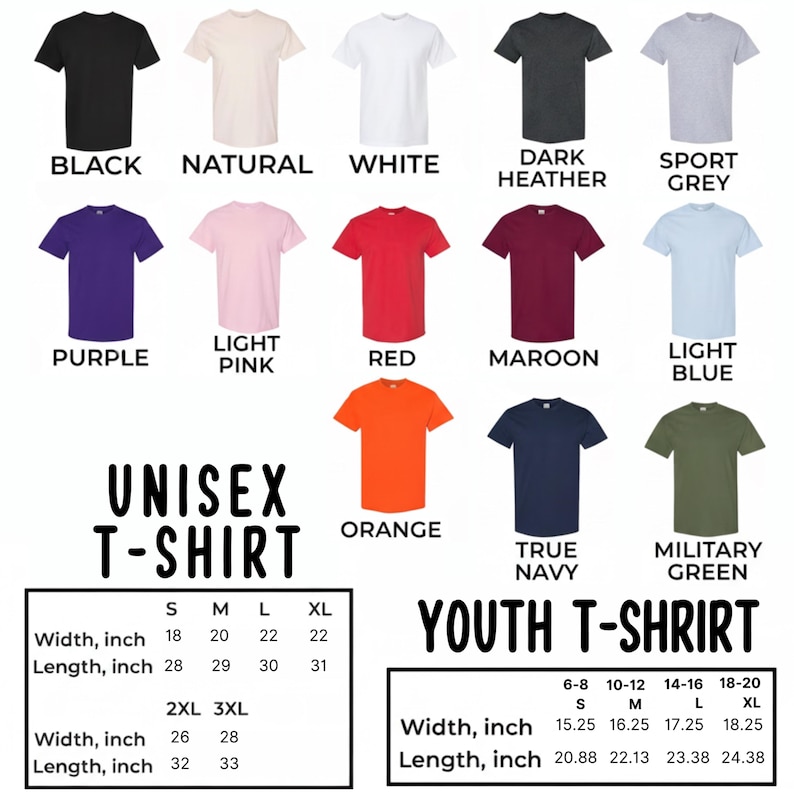 Puede incluir: Una variedad de camisetas unisex y juveniles en varios colores, incluyendo negro, blanco y rojo. La imagen muestra las camisetas con informaci&oacute;n de tallas y medidas en pulgadas. El texto en la imagen dice "UNISEX T-SHIRT" y "YOUTH T-SHIRT".