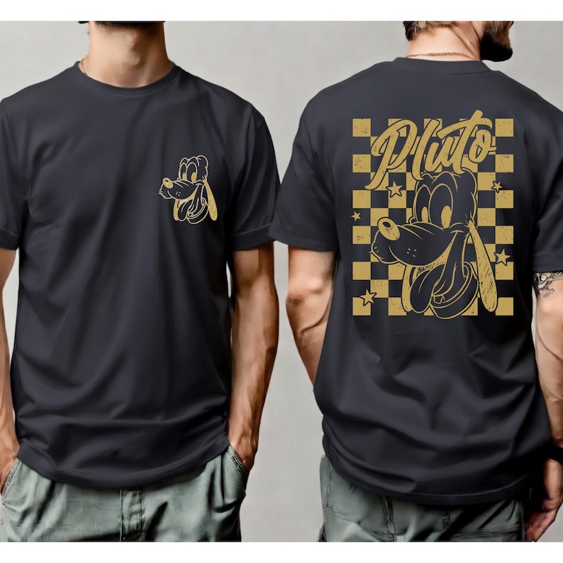 May include: Black t-shirt featuring a gold Pluto graphic on the front and back. The front has a small Pluto head, while the back showcases a larger Pluto design within a gold and black checkered pattern, with the name "Pluto" above the character.