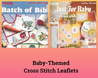 Baby-Themed Cross Stitch Leaflets by Leisure Arts, 'Just for Baby' and 'Batch of Bibs'. Vintage Pattern Leaflets with Full Color Charts