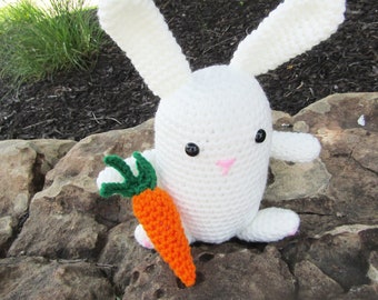 Woodland White Rabbit with Carrot in Handmade Crochet. Cute Amigurumi Plush Rabbit. Bunny Stuffed Animal. Bunny Rabbit Easter Gift for Kids