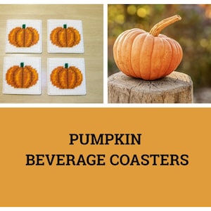 May include: Four crocheted pumpkin beverage coasters with a single orange pumpkin on a wooden stump in the background.  The coasters are white with orange and green embroidery.