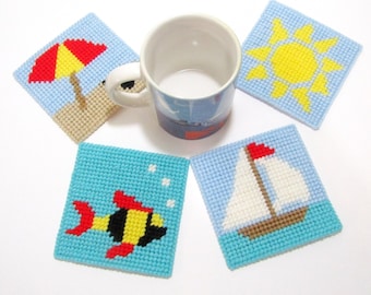 Beach Beverage Coaster Set, Nautical Drink Coasters. Seaside Scenes of Beach Umbrella, Sun, Fish, & Sailboat. Beach House Decor. Home Decor