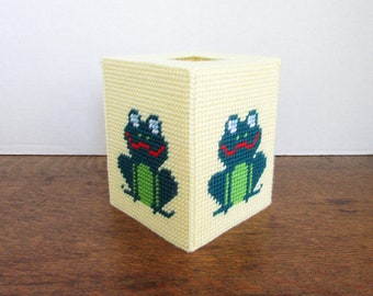 Woodland Frog Tissue Topper. Green Frog Design on a Tissue Box Cover. Home Decor. Nursery Decor. Handmade Needlepoint Boutique Tissue Cover