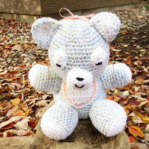 Plush Baby Bear with Bib in Fiesta Pastel. Amigurumi Crochet Stuffed Bear. Baby's First Teddy Bear. Toy Teddy Bear. Nursery Teddy Bear image 1