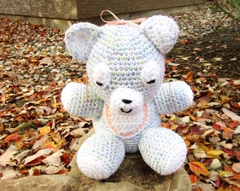 Plush Baby Bear with Bib in Fiesta Pastel. Amigurumi Crochet Stuffed Bear. Baby's First Teddy Bear. Toy Teddy Bear. Nursery Teddy Bear