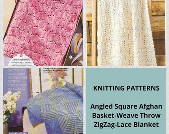 Knitting Patterns for Afghans. Choose from a Classic Basket-Weave Throw, an Angled Square Graphic-Motif Throw or a ZigZag Lace Blanket