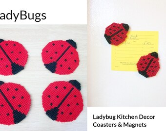 Ladybug Coasters and Ladybug Magnets Kitchen Set of 4 Beverage Coasters and 2 Magnets. Ladybug Kitchen Decor. Home Decor. Mother's Day Gift