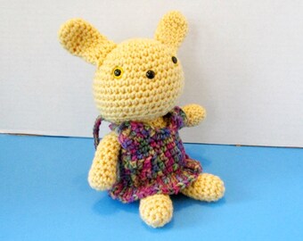 Bunny Girl Plush Doll with Dress.  Golden Bunny Girl. Gift for Girls. Plush Bunny Rabbit. Amigurumi Rabbit. Kawaii Cutie. Stuffed Bunny Doll