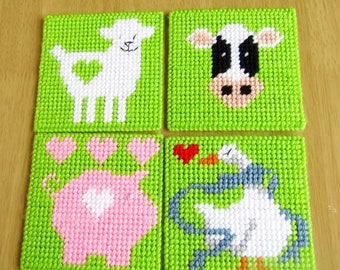 Farm Animals Coaster Set. Barnyard Buddy Animal Coasters. Beverage Coasters for a Country Setting. Cow, Pig Lamb, Goose Mug Rugs. Set of 4.