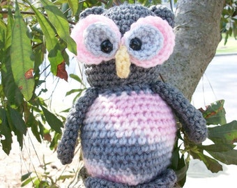 Amigurumi Owl  in Crochet. Plush Toy Owl. Gray and Pink Owl Stuffie. Cute & Cuddly Handmade Kawaii Cutie. Nursery Decor. Gift for Kids