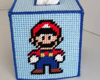 Mascot Mario Design on a Tissue Box Cover. Needlepoint Tissue Topper with Favorite Gamer Character.  Cartoon/Comic/Gamer Design. Home Decor