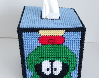Cartoon Martian Tissue Box Cover. Handmade Needlepoint Cover for a Boutique Tissue Box. Home Decor.  Alien Cartoon Character. Home Gift Idea