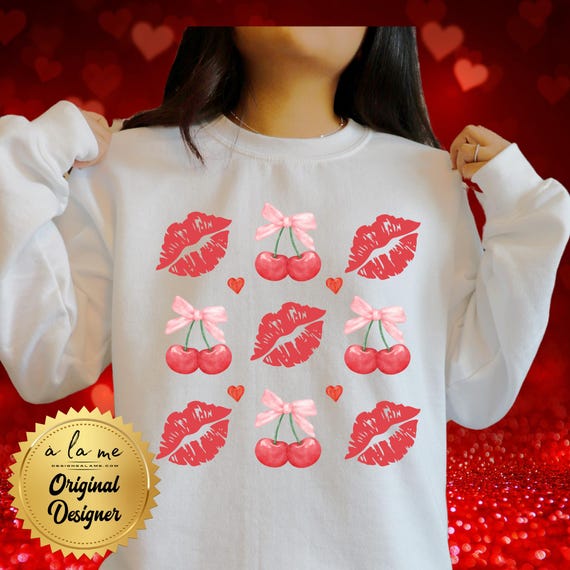 PNG Digital Download - Valentine's Design Cherry Lips Hearts Kisses Coquette - Sublimation & DtF Transfers