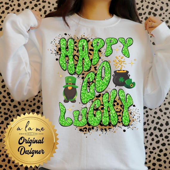 DTF Transfers Ready to Press (RTP) St Patrick's Day Design Faux Glitter Leopard Happy Go Lucky Gnome