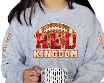 Shirts Ronde hals Hoodies - Kansas City KC Football FAUX Glitter Red Kingdom met gepersonaliseerde mouw Jeugd volwassen maten