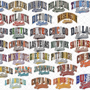 May include: A collection of graphic text designs featuring various American football city and team names, each styled with unique patterns, textures, and colors, accompanied by the word Football in a cursive script font below each city name.