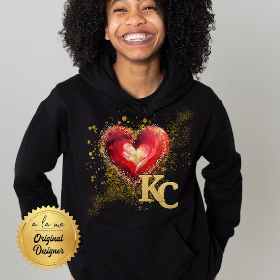 DTF Transfers - KC Kansas City Football Red & Gold Heart Glitter - Ready to Press