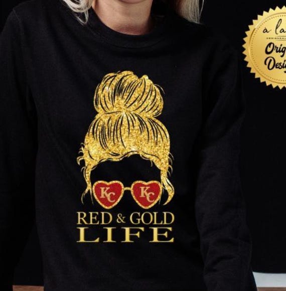 Shirts Sweatshirts Hoodies - Kansas City KC Football - Red & Gold Life Faux Glitter Mom Bun