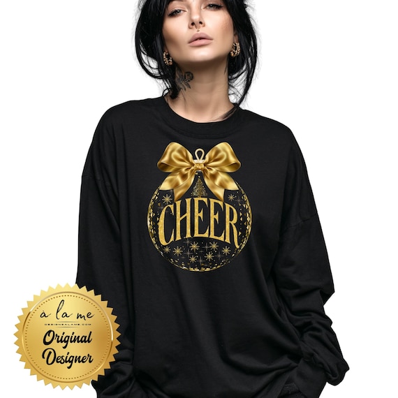 DTF Transfers - Christmas Cheers Coquette Bow Gold Glitter Holiday Design - Ready to Press