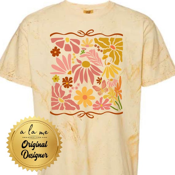 TSHIRT - Comfort Colors Citrine with Retro Groovy Happy Flowers Coquette Design