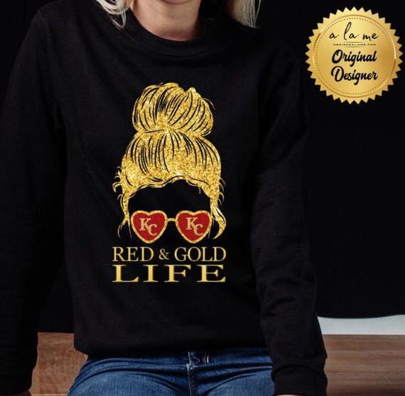 DTF Transfers -Red & Gold Life Faux Glitter Mom Bun - KC Football Kansas City