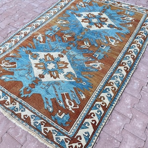 Tapis oriental vintage 5 x 7, tapis turc 5 x 7, bleu marron, carpette en laine douce, tapis Oushak fait main, tapis d'entrée de salon et chambre / 4,6 x 6,10 pi197
