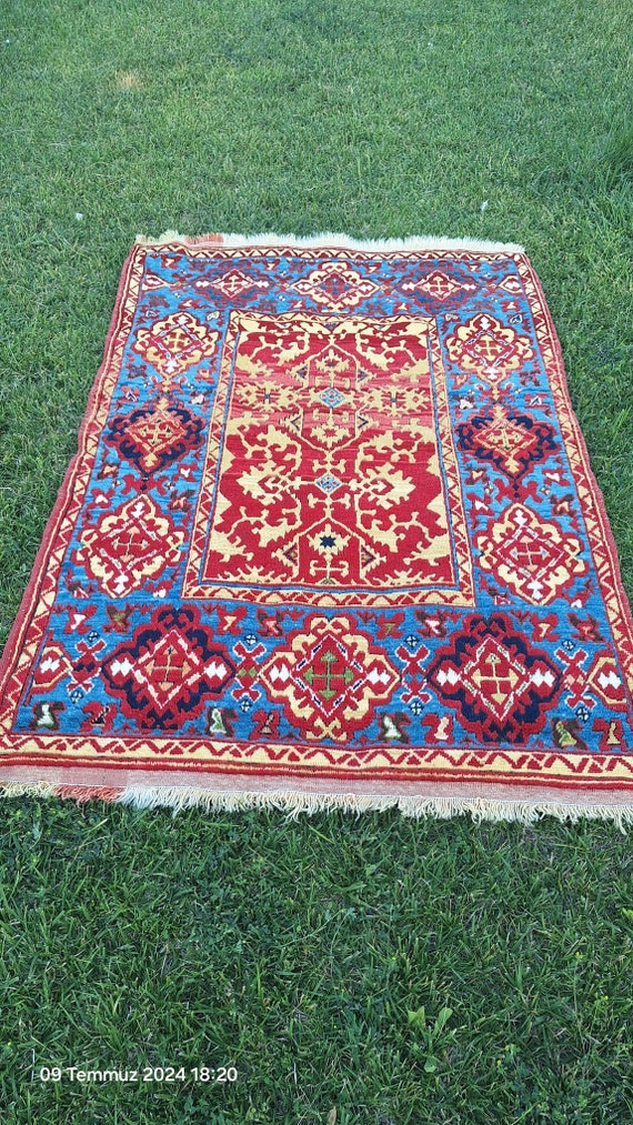 ヴィンテージハンドメイドウールラグ 4x6：ボヘミアン幾何学模様の装飾