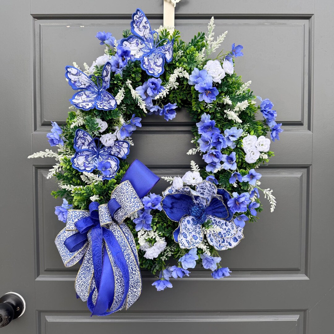 Butterfly Boxwood Pattern Chinoiserie Butterfly Boxwood Wreath, Blue and White Front Door Decor ...