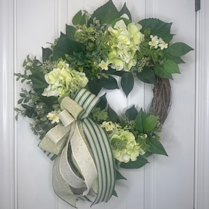Green and Cream Hydrangea Grapevine Wreath with Striped Bow, Elegant Front Door Decor for Spring, Summer, or Year-Round Display