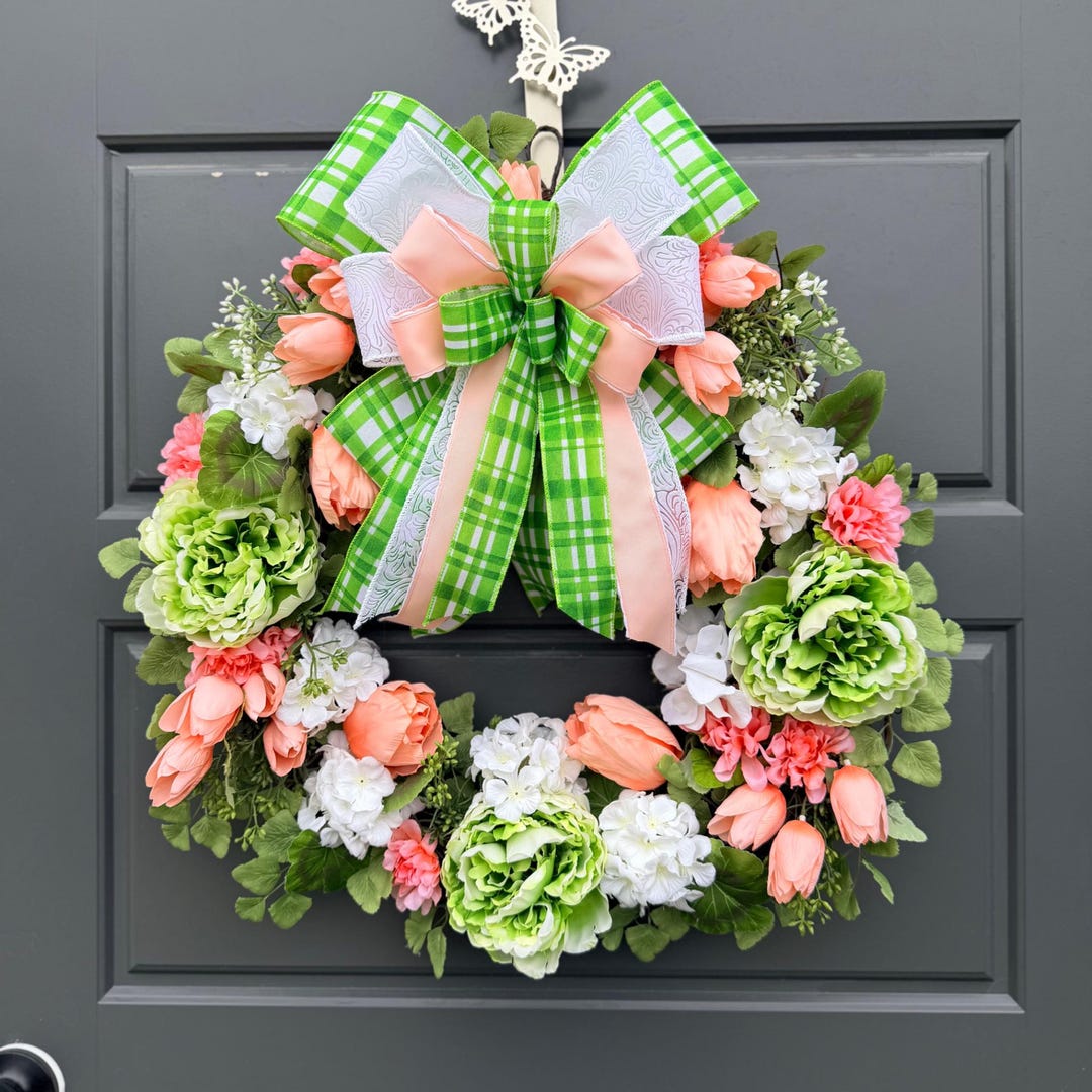 Spring Floral Grapevine Wreath, Green Gingham Bow Wreath, Easter Front ...