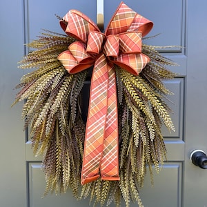 Fall Bead Grass Wreath for Front Door, Autumn Wreath with Plaid Bow, Rustic Farmhouse Door Decor, Large Fall Harvest Wreath