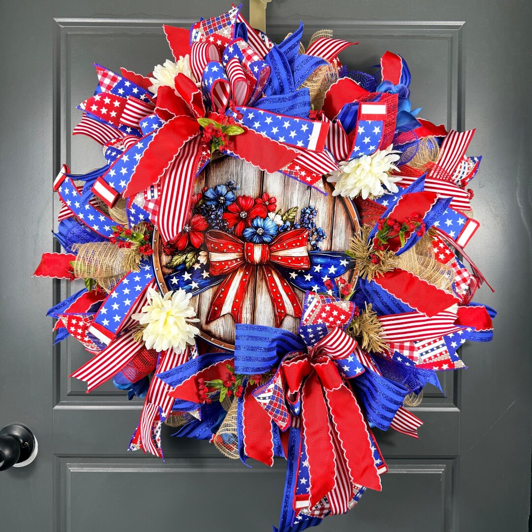 Patriotic Front Door Wreath, Americana Decor, Rustic Fourth of July ...