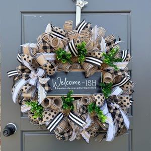 Welcome-Ish Everyday Wreath, Farmhouse Front Door Decor with Black and White Check Ribbon, Year Round Entryway Wall Hanging