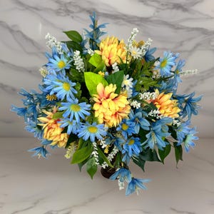 Blue and Yellow Daisy Floral Arrangement, Spring and Summer Centerpiece for Table or Mantel Display