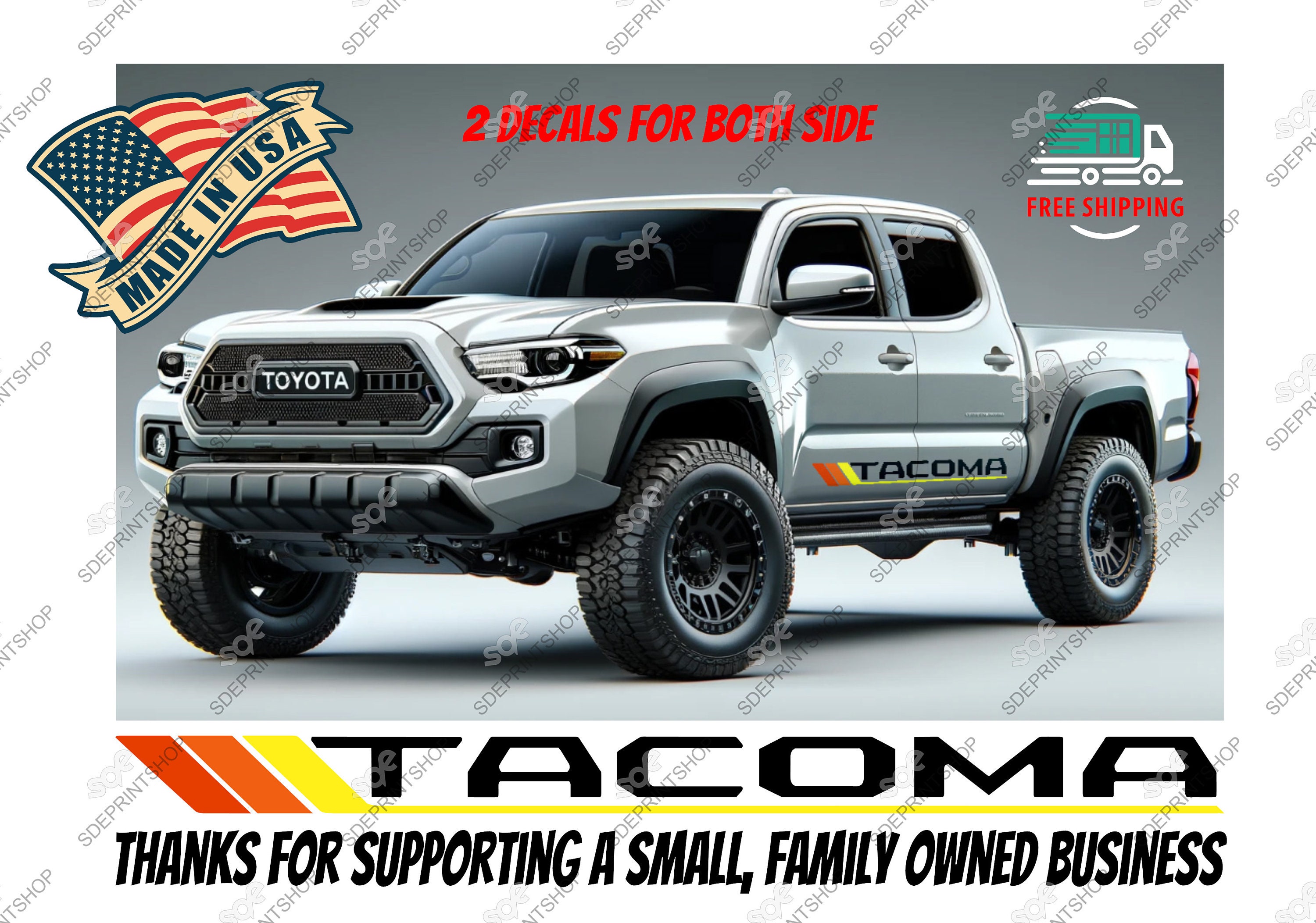 Set of 2 Vintage Tri-Color TRD TACOMA Side Door Decal for Toyota Tacoma Enthusiasts Size 65" x 4.5