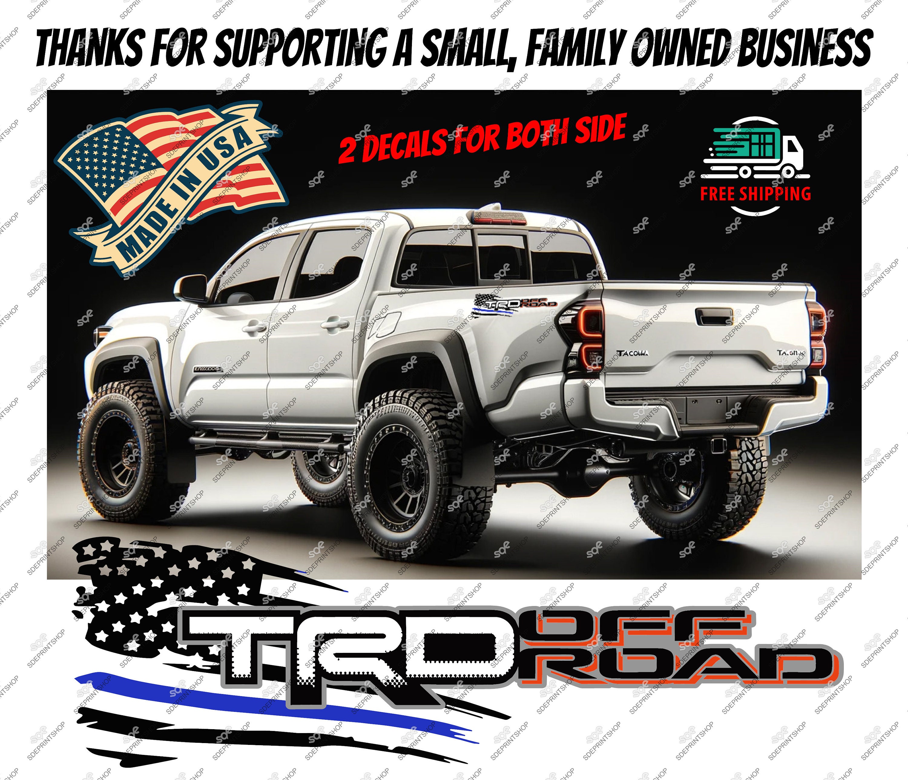 Set of 2 American Distress Flag TRD OFFROAD Bedside Decal for Toyota Tacoma Enthusiasts