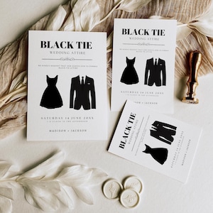 Black Tie Kleidungskarte, ganz schwarze Kleidungskarte, Hochzeitskleidungskarte, Brautparty-Kleidung, Hochzeitskleidvorschrift, Hochzeitsgast-Kleidung