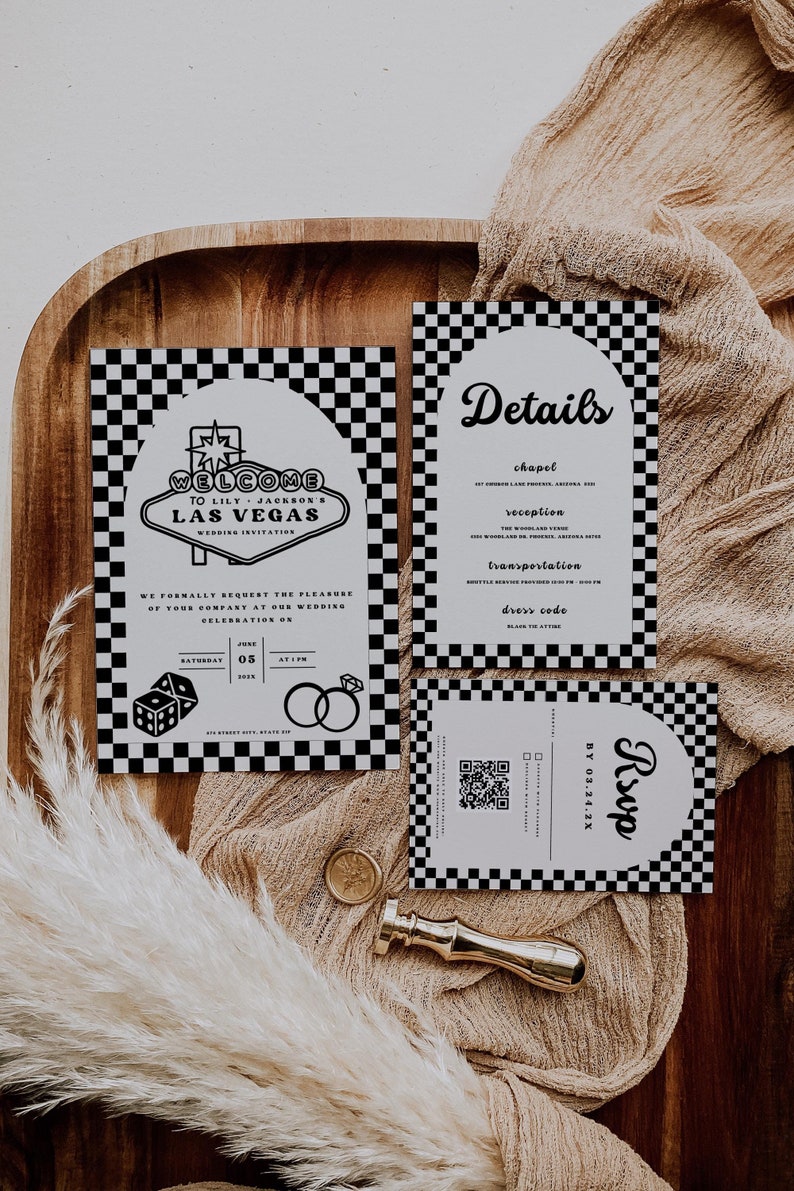 May include: Black and white checkered wedding invitation with a Las Vegas theme. The invitation features a welcome to Las Vegas sign, dice, and wedding rings. The text on the invitation reads "Welcome to Lily Jackson's Las Vegas Wedding Invitation".