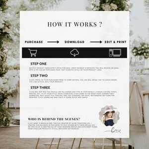 May include: A white and black graphic with instructions on how to purchase, download, and edit a printable product. The graphic includes a shopping cart, a cloud, and a computer monitor. The text "HOW IT WORKS?" is at the top of the graphic. The text "WHO IS BEHIND THE SCENES?" is at the bottom of the graphic. The text "HI MY NAME IS MAKAILLA AND I AM THE CREATOR OF ALTAR CREATIONS CO. I CREATED THIS BUSINESS IN THE HOPES TO HELP OTHERS WITH THEIR SPECIAL DAY. WE SPECIALIZE IN MEETING ALL OF YOUR WEDDING DECOR AND STATIONERY NEEDS. FROM SINGULAR PRODUCTS TO FULL MATCHING SET BUNDLES" is also included.