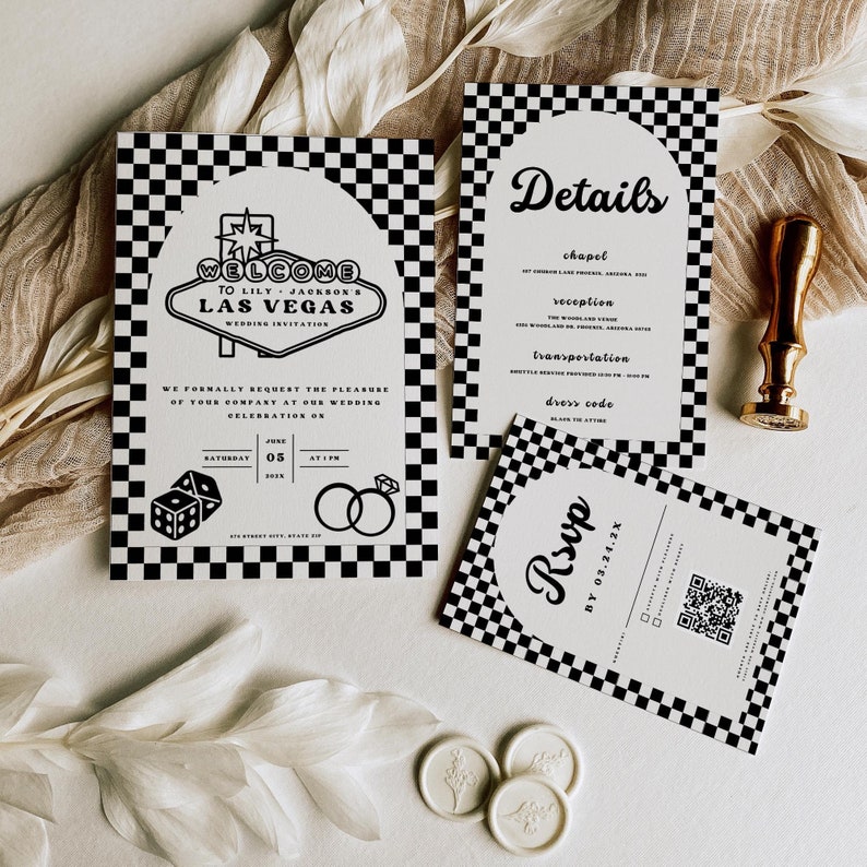 Las Vegas Wedding Invitation Suite. Las Vegas Wedding Style Invitation Cards. Wedding Rsvp Card with Qr Code.