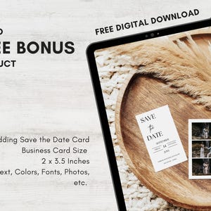 May include: A digital download of a wedding save the date card template. The card is a business card size, 2 x 3.5 inches, and features a minimalist design with the text "Save the Date" and a date. The card is displayed on a wooden tray with a dried grass decoration.
