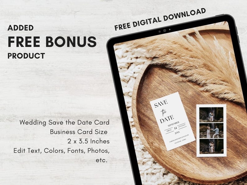 May include: A digital download of a wedding save the date card template. The card is a business card size, 2 x 3.5 inches, and features a minimalist design with the text "Save the Date" and a date. The card is displayed on a wooden tray with a dried grass decoration.