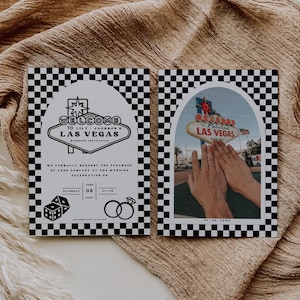 May include: A black and white checkered wedding invitation with a red and white "Welcome to Las Vegas" sign. The invitation includes the date and time of the wedding, which is Saturday, June 05 at 4:00 PM.
