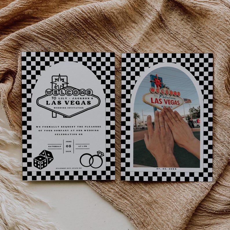 May include: A black and white checkered wedding invitation with a red and white "Welcome to Las Vegas" sign. The invitation includes the date and time of the wedding, which is Saturday, June 05 at 4:00 PM.
