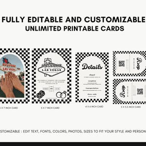 May include: Editable and customizable wedding invitation cards with a black and white checkered pattern. The cards feature a Las Vegas theme with a sign that says "Welcome to Lily & Jackson's Wedding Invitation Las Vegas". The cards are available in different sizes: 5x7 inches, 4x6 inches, and 5x5.5 inches.