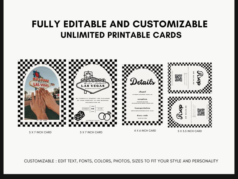 May include: Editable and customizable wedding invitation cards with a black and white checkered pattern. The cards feature a Las Vegas theme with a sign that says "Welcome to Lily & Jackson's Wedding Invitation Las Vegas". The cards are available in different sizes: 5x7 inches, 4x6 inches, and 5x5.5 inches.
