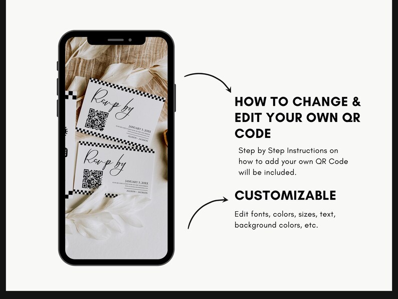 May include: A smartphone screen displaying two white cards with black and white checkered borders. The cards feature a QR code and the text "Rerp by" and "Revp by". The text "HOW TO CHANGE & EDIT YOUR OWN QR CODE" and "CUSTOMIZABLE" are displayed on the screen.