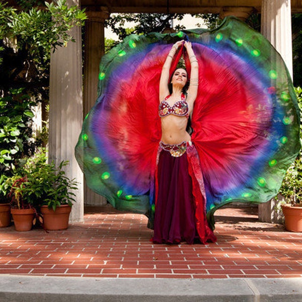 Large half circles belly dance silk veil Red Peacock design